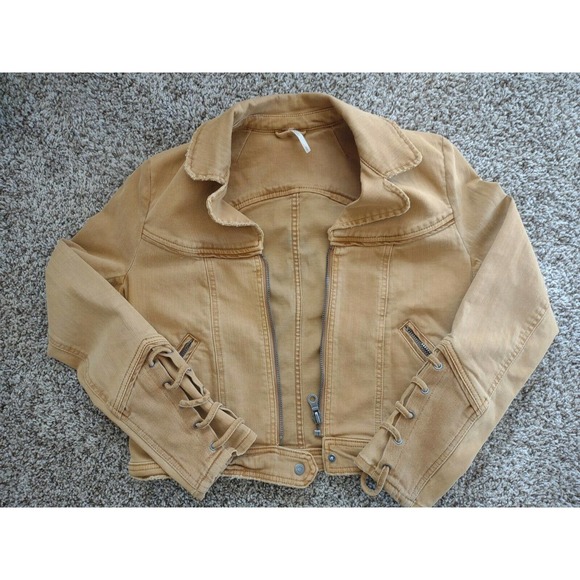 FREE PEOPLE Vintage Distressed Jacket Jean Jacket Lace Up Sleeves size M NWOT - Picture 3 of 13